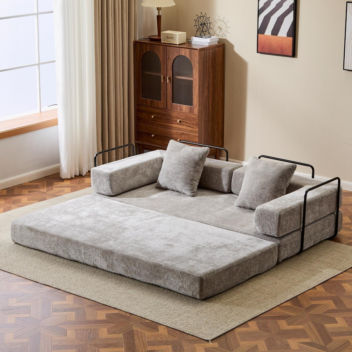 Verwandelbares Bodensofa-Bett mit Kissenlehne aus Chenille für Wohnzimmer und Schlafzimmer