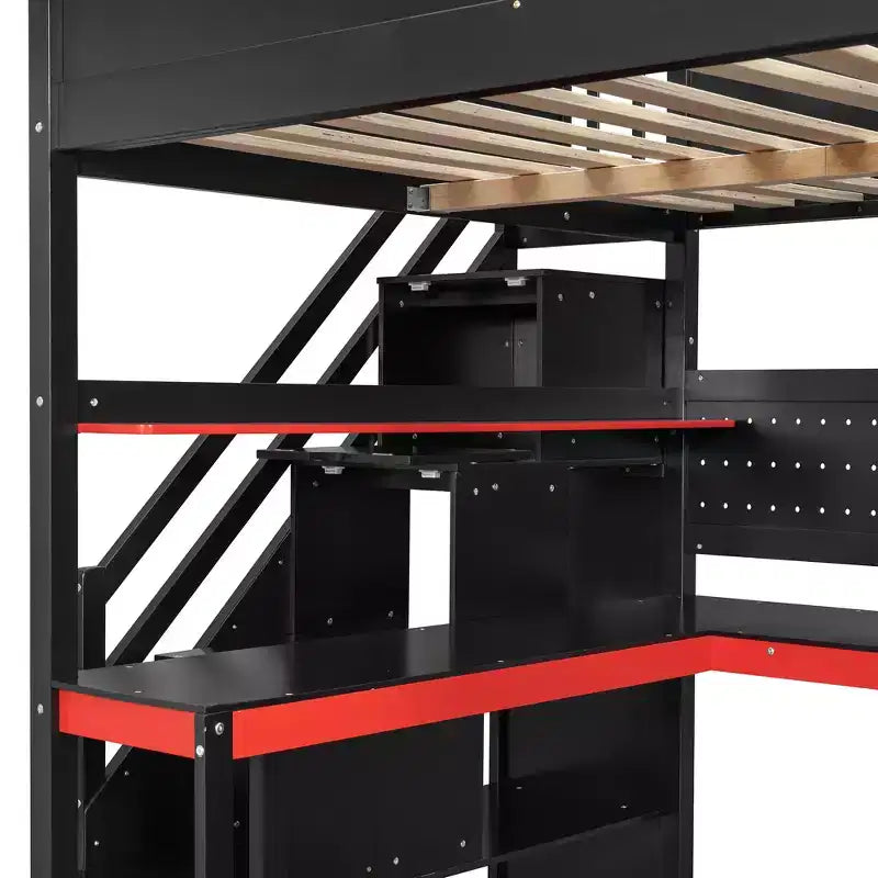 GDFStudio Scott houten gaminghoogslaper met opberktrap, bureau, planken en pegboard