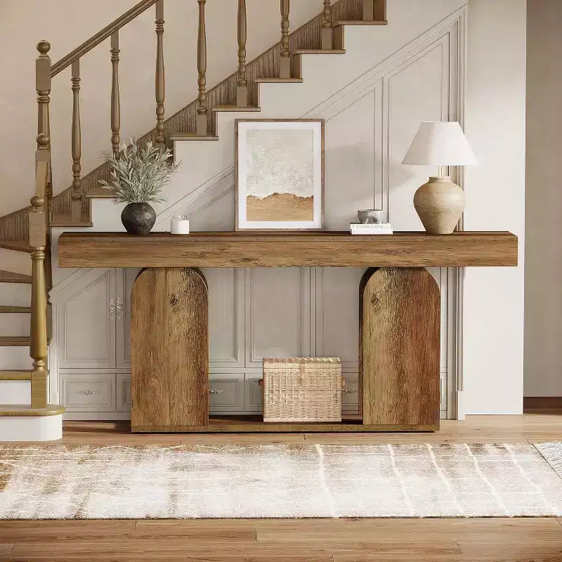 Lantine extra lange landelijke consoletafel van 70.9 inch met houten opbergplank met 2 niveaus, geschikt voor hal, woonkamer en entree, vintagebruin.
