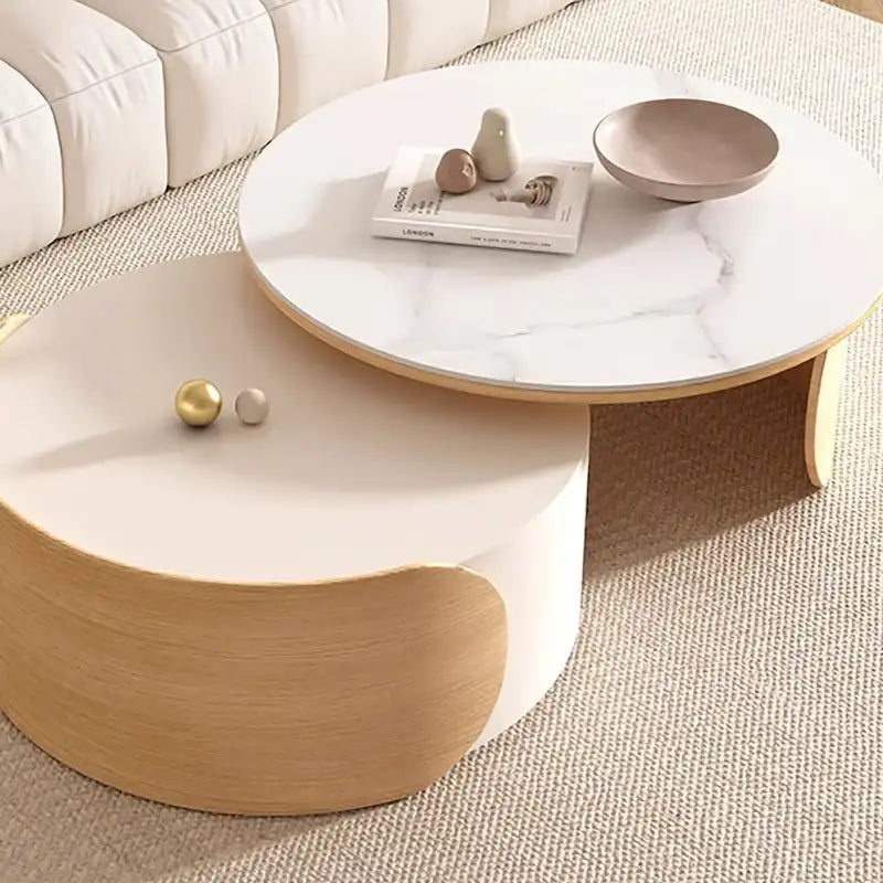 Moderner runder Couchtisch, Tischplatte aus Stein, Naturholz - 50  x 31.5