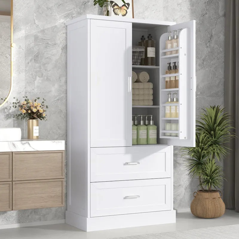 Armoire de rangement haute pour salle de bains avec deux portes et tiroirs, étagère réglable, panneau MDF