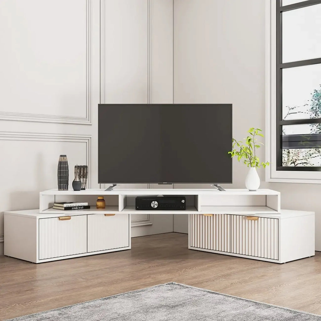 Moderne witte hoek-tv-meubel met 2 lades en open opbergruimte