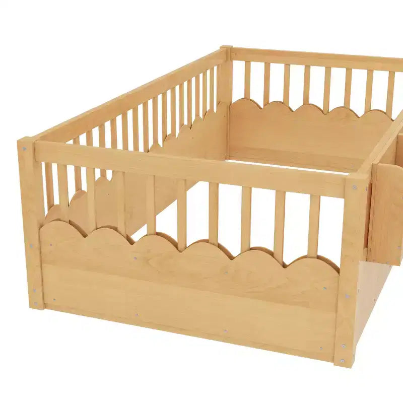 Lit au sol pour enfant Bellemave avec barrières surélevées et bibliothèque, cadre de lit Montessori en bois pour lit simple, pour filles et garçons