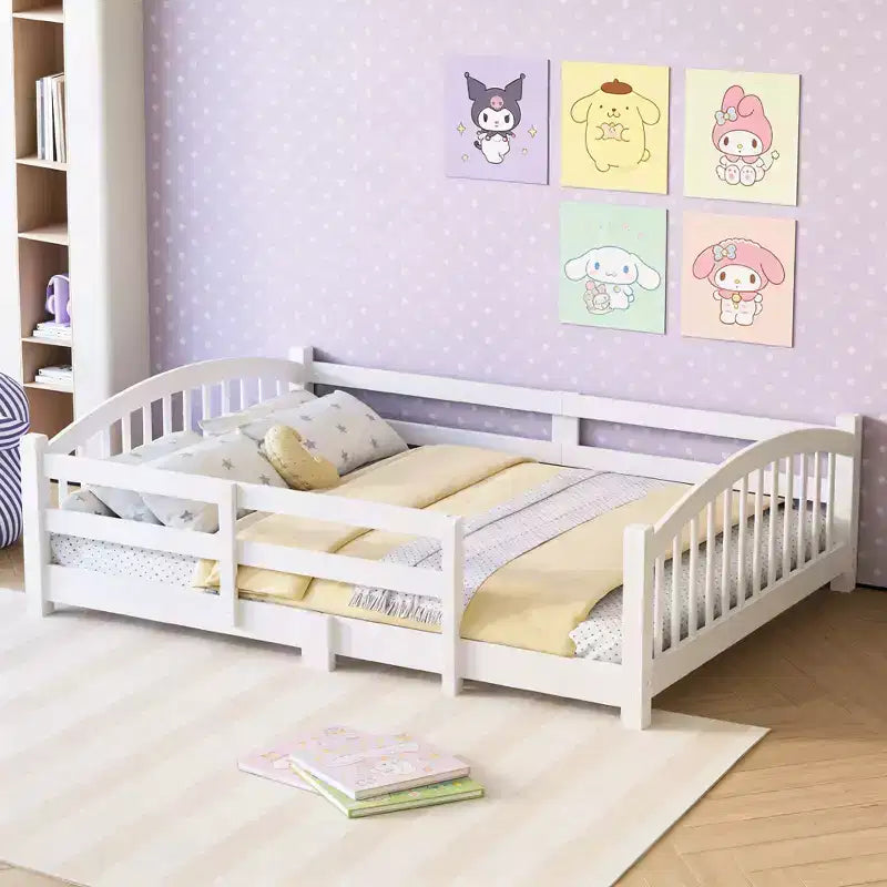 Lit Montessori bas Luxystar, taille grand lit, avec barrières de sécurité et tête de lit