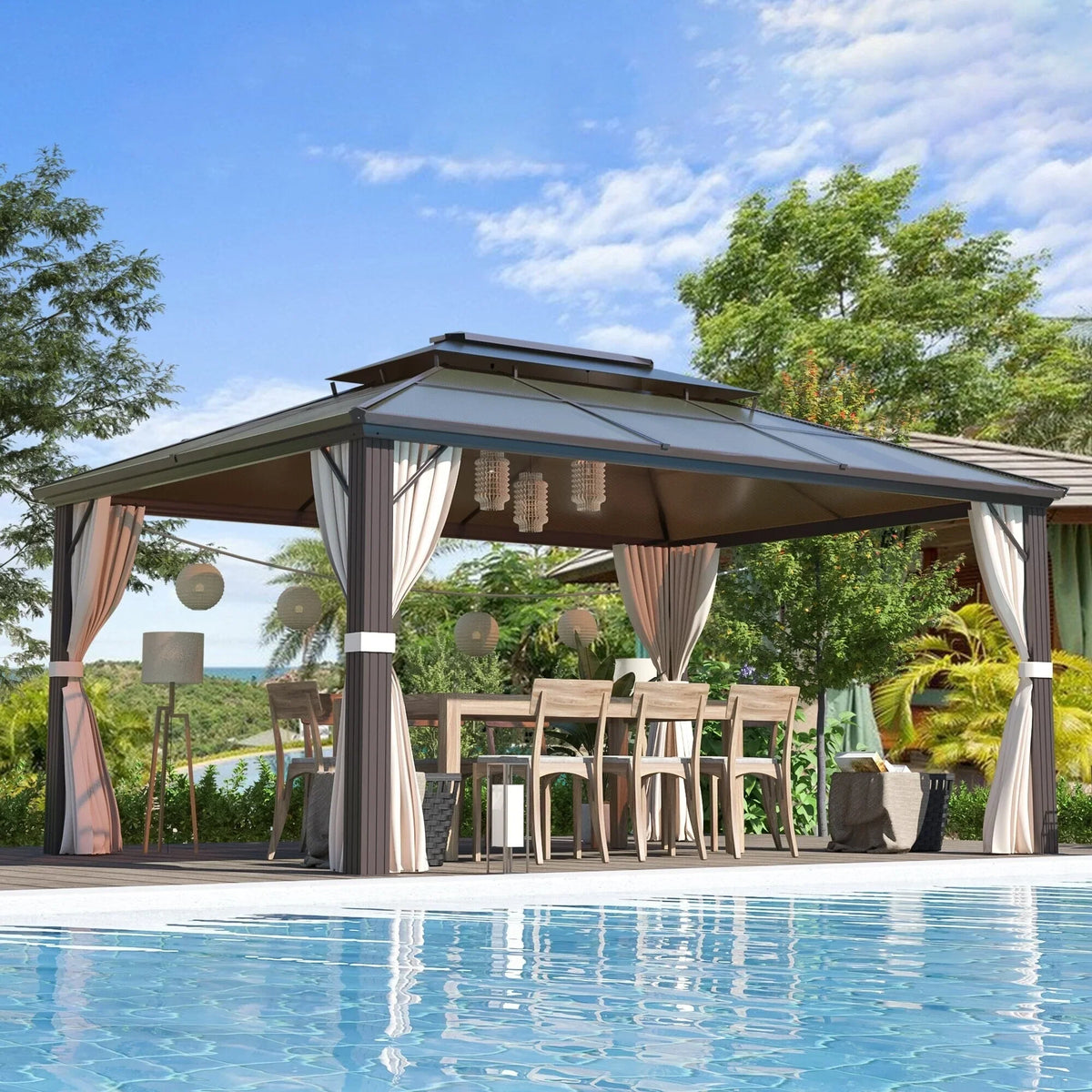 EROMMY Pavillon mit festem Dach, Pergola für den Außenbereich mit Doppeldach, Moskitonetz und Vorhängen, strapazierfähiges Sonnendach für Terrasse, Garten und Poolpartys
