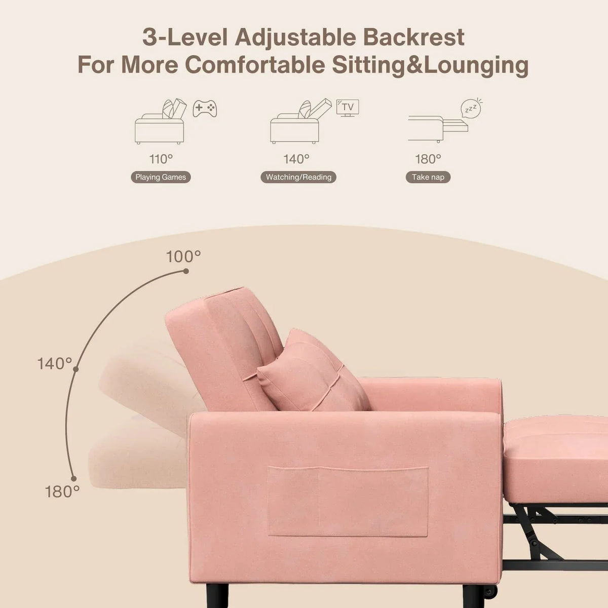 Verstelbare slaapbank 3-in-1, uitschuifbare fauteuilbank, ombouwbaar opklapbed voor de woonkamer