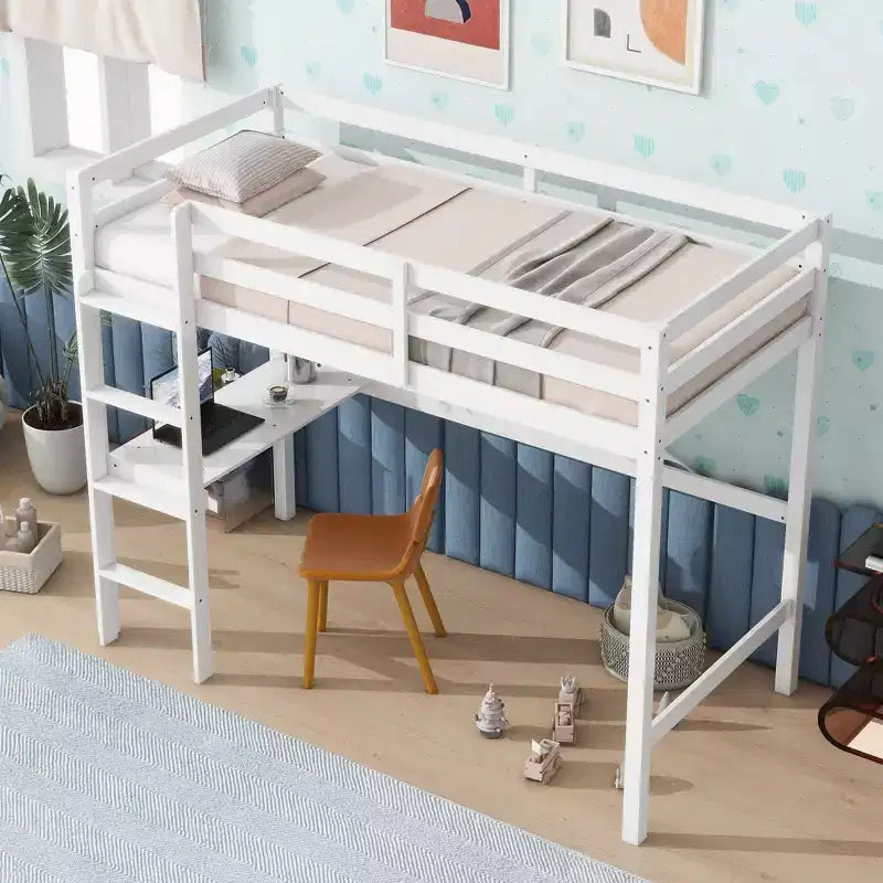Okak minimalistisches Hochbett mit Leiter, Hochbett für Einzelbettmatratze aus Gummibaumholz mit Sicherheitsgeländer und eingebautem Schreibtisch, Bettgestell für Kinder und Jugendliche