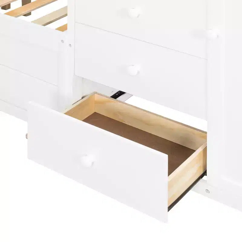 Stapelbed met twee tweepersoonsbedden, opbergkast en laden, houten stapelbed in tweepersoonsformaat met ruimtebesparend ontwerp en veiligheidsreling voor appartement en slaapkamer