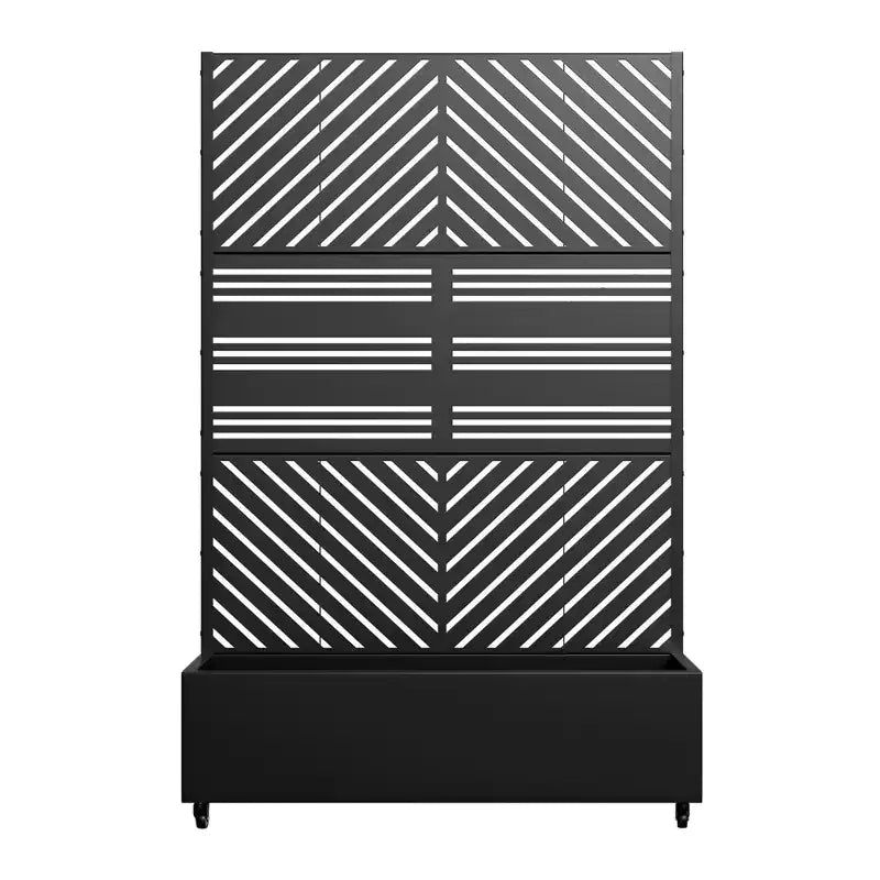 Jardinière MAYEERTY avec treillis en fer noir à lignes parallèles 01, style classique à persiennes, ensemble combiné de 3 pièces, 72x47x16in