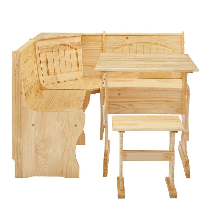 MUSEHOMEINC Frühstücksecke im traditionellen Stil, 3-teiliges Essgruppen-Set aus Massivholz mit Seitenbank und Esstisch mit verstecktem Stauraum