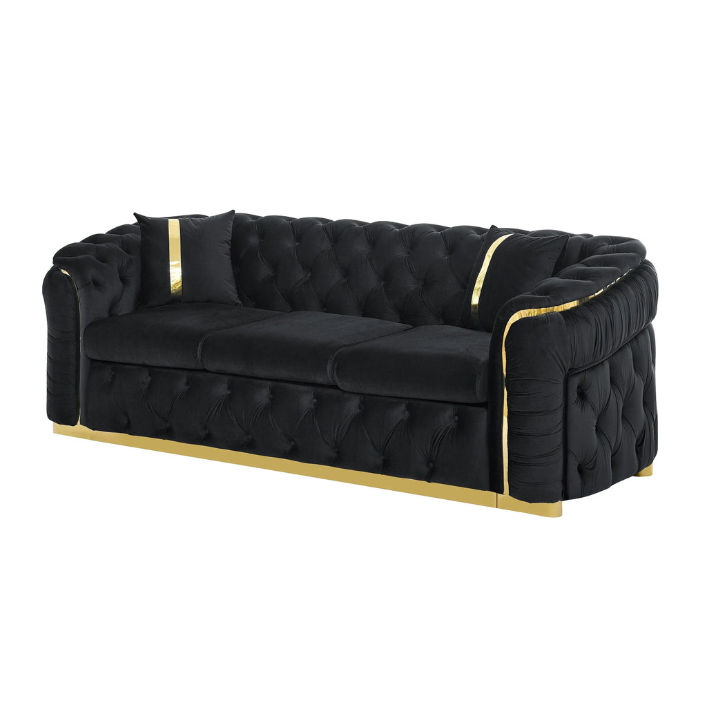 90.6 Velvet 3-Seater Sofa with 2 Pillows High-Density Cushions, Gold Accents, and Pillows