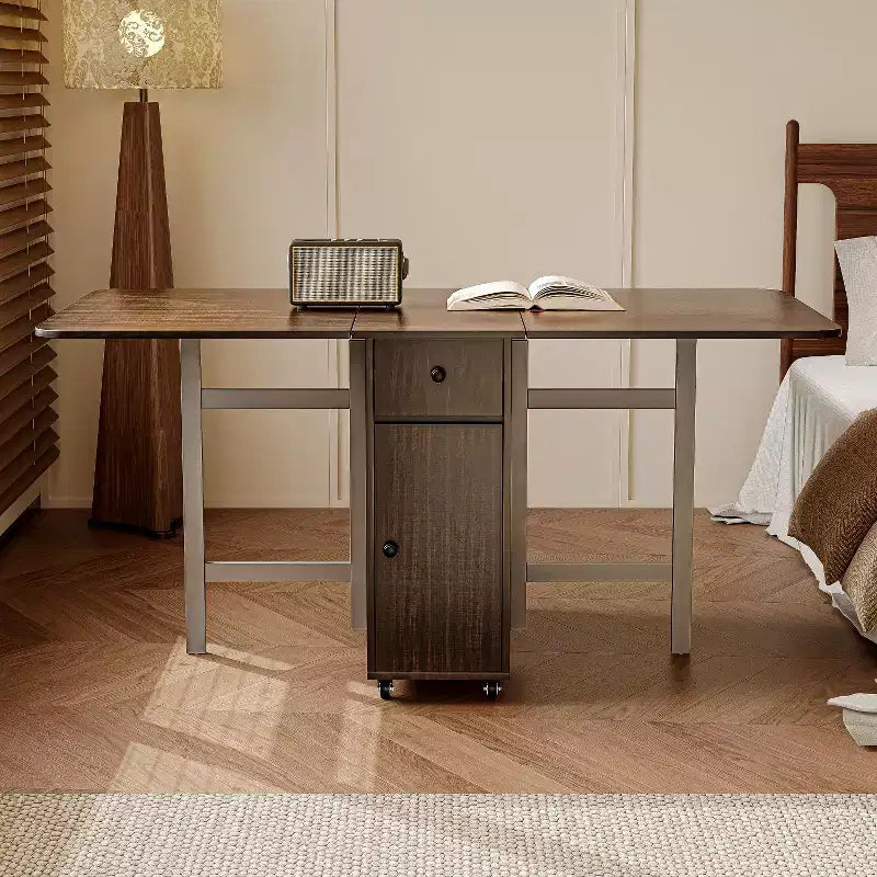 ATJafurn 59' inklapbare eettafel met uitklapbare bladen voor kleine ruimtes, rechthoekige uitschuifbare houten keukentafel met wielen en opbergruimte