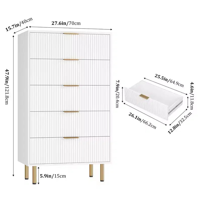 Commode blanche / marbre et bois à 5 tiroirs ?C panneau cannelé, pour 1 personne