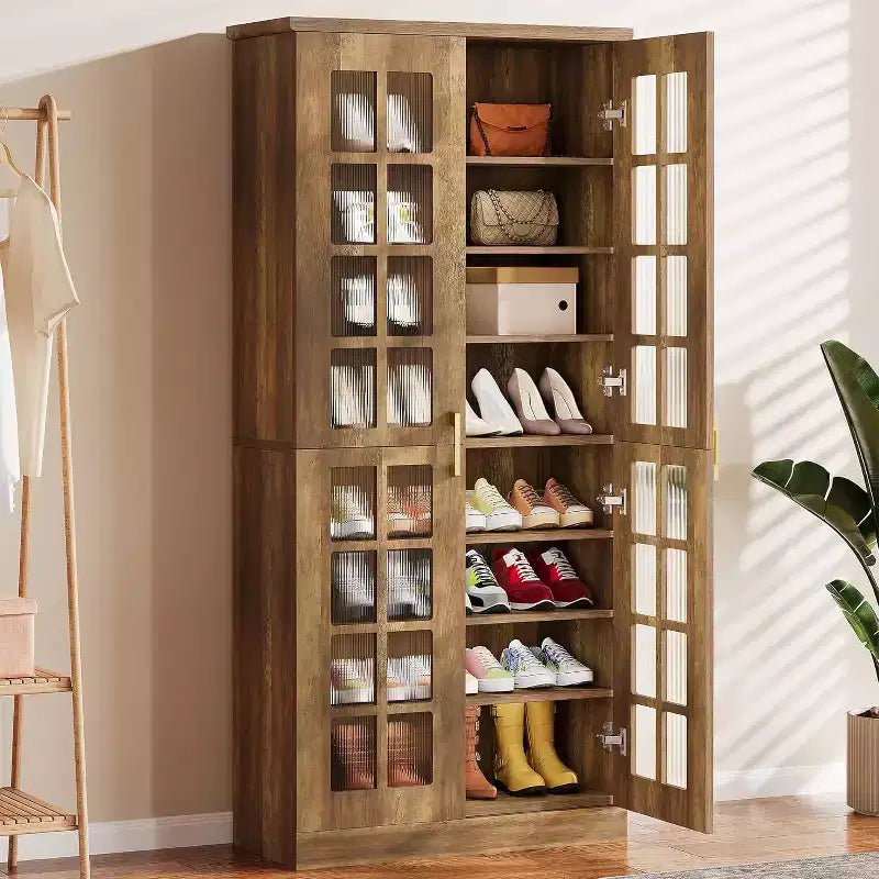 Meuble à chaussures haut Lantine avec portes, meuble de rangement à chaussures à 8 niveaux avec étagères réglables, meuble à chaussures moderne pour entrée, placard et salon, blanc