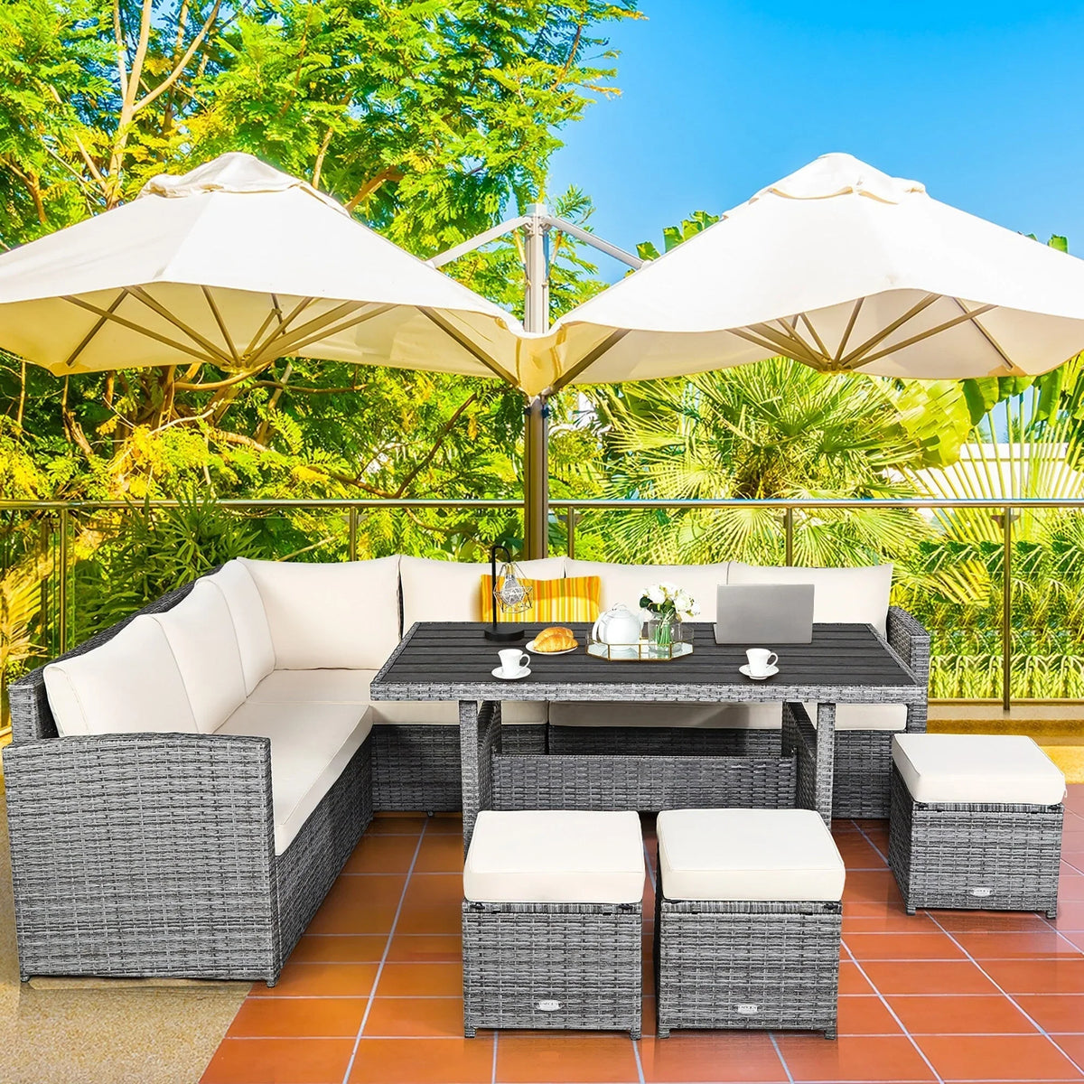 Costway 7-teiliges Ess-Set aus Polyrattan für die Terrasse mit Ecksofa und Hocker - Details ansehen
