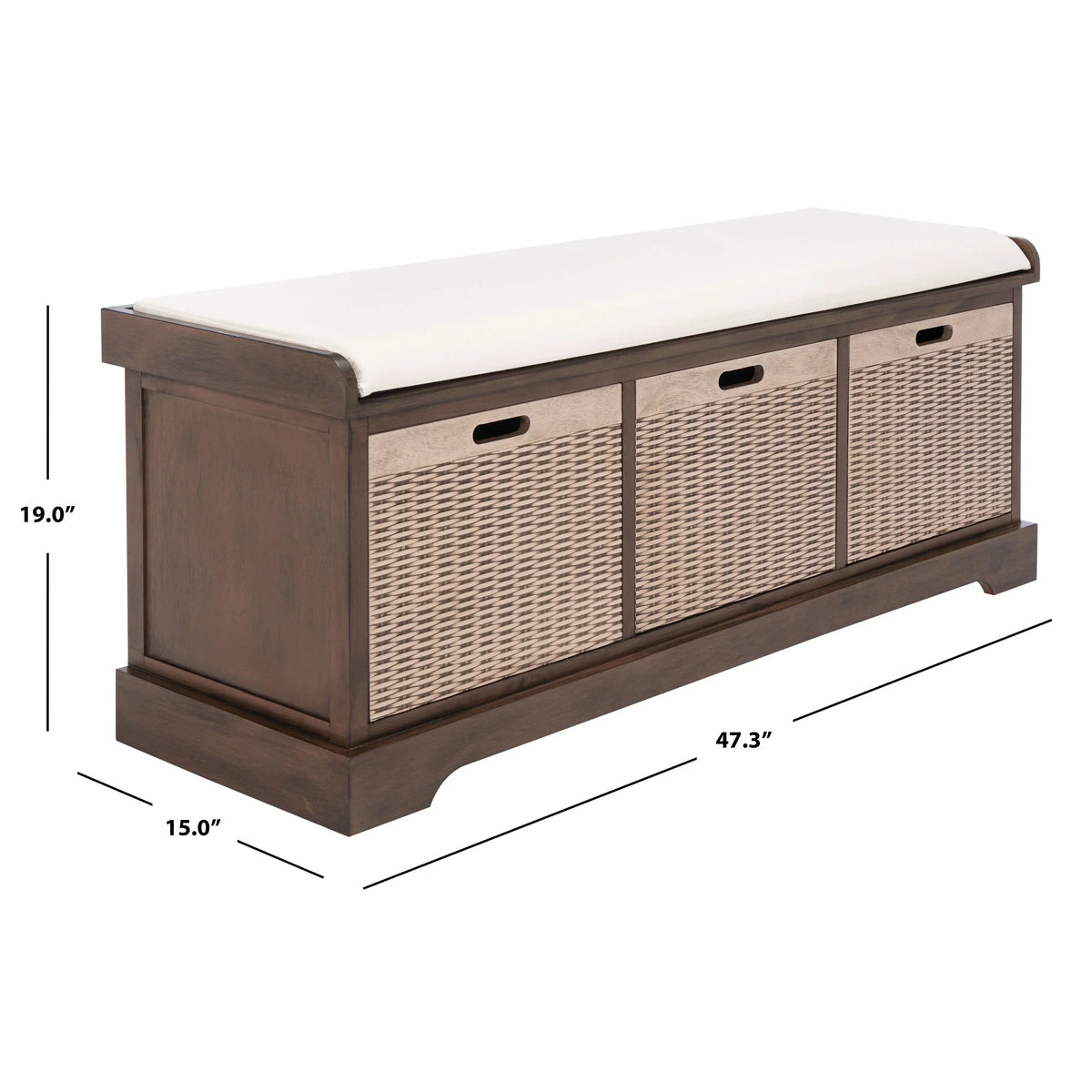 Banc de rangement SAFAVIEH Fiorello avec coussin et 3 tiroirs - 47.3 W x 15 L x 19 H - 47Wx15Dx19H