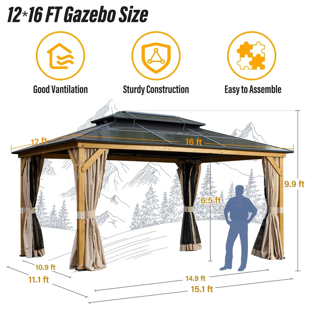 EROMMY Pavillon mit festem Dach, Pergola für den Außenbereich mit Doppeldach, Moskitonetz und Vorhängen, strapazierfähiges Sonnendach für Terrasse, Garten und Poolpartys