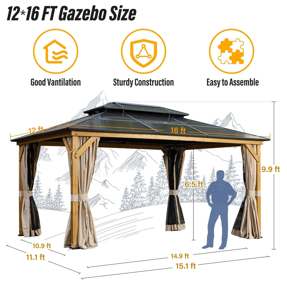 EROMMY Pavillon mit festem Dach, Pergola für den Außenbereich mit Doppeldach, Moskitonetz und Vorhängen, strapazierfähiges Sonnendach für Terrasse, Garten und Poolpartys