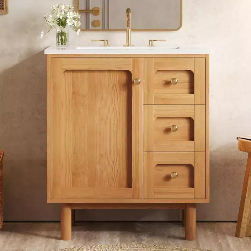 JVNOXK 30-calowa ceramiczna szafka łazienkowa w stylu rustykalnym i nowoczesnym, z 3 szufladami i 1 dużymi drzwiczkami z cichym domykiem, szafka do przechowywania, naturalny rysunek drewna