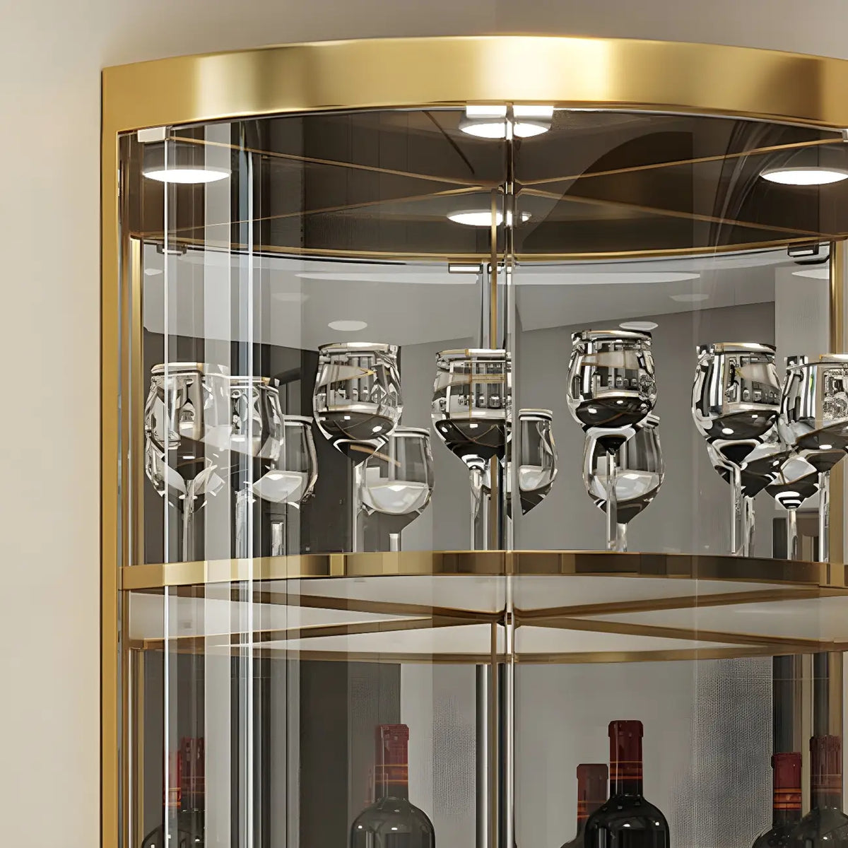 Glamouröser, glänzender Vitrinenschrank aus Glas und goldfarbenem Metall mit abgerundeter Ecke