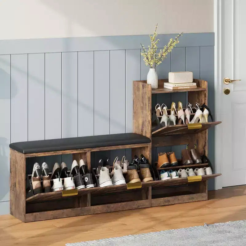 Schuhschrank im Landhausstil mit Sitzbank, Schuhaufbewahrung für den Eingangsbereich mit 4 Klappfächern und bequem gepolstertem Sitz, freistehende Schuhbank
