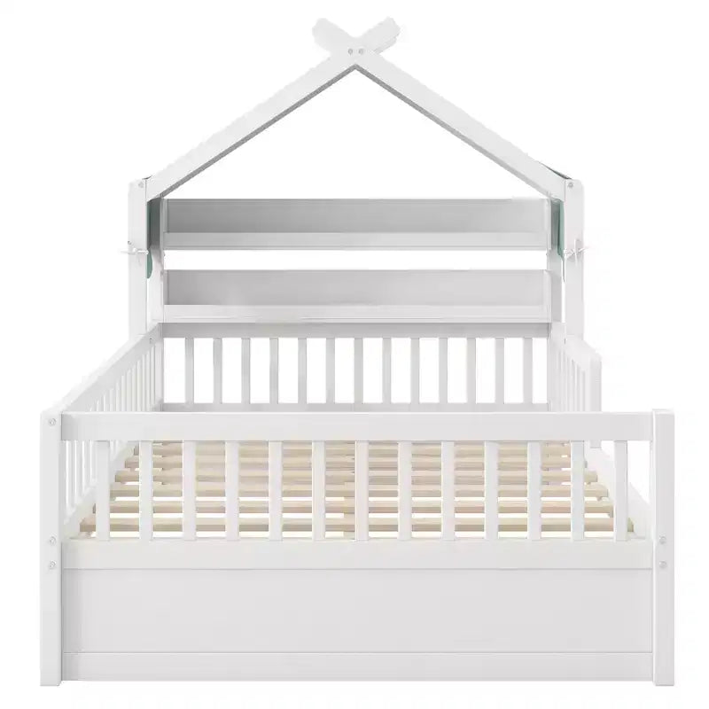 ModernLuxe Holzhüttenbett in Twin-/Full-Größe mit Stauraum-Kopfteil, Kinderbettgestell aus massivem Kiefernholz mit Schutzgittern