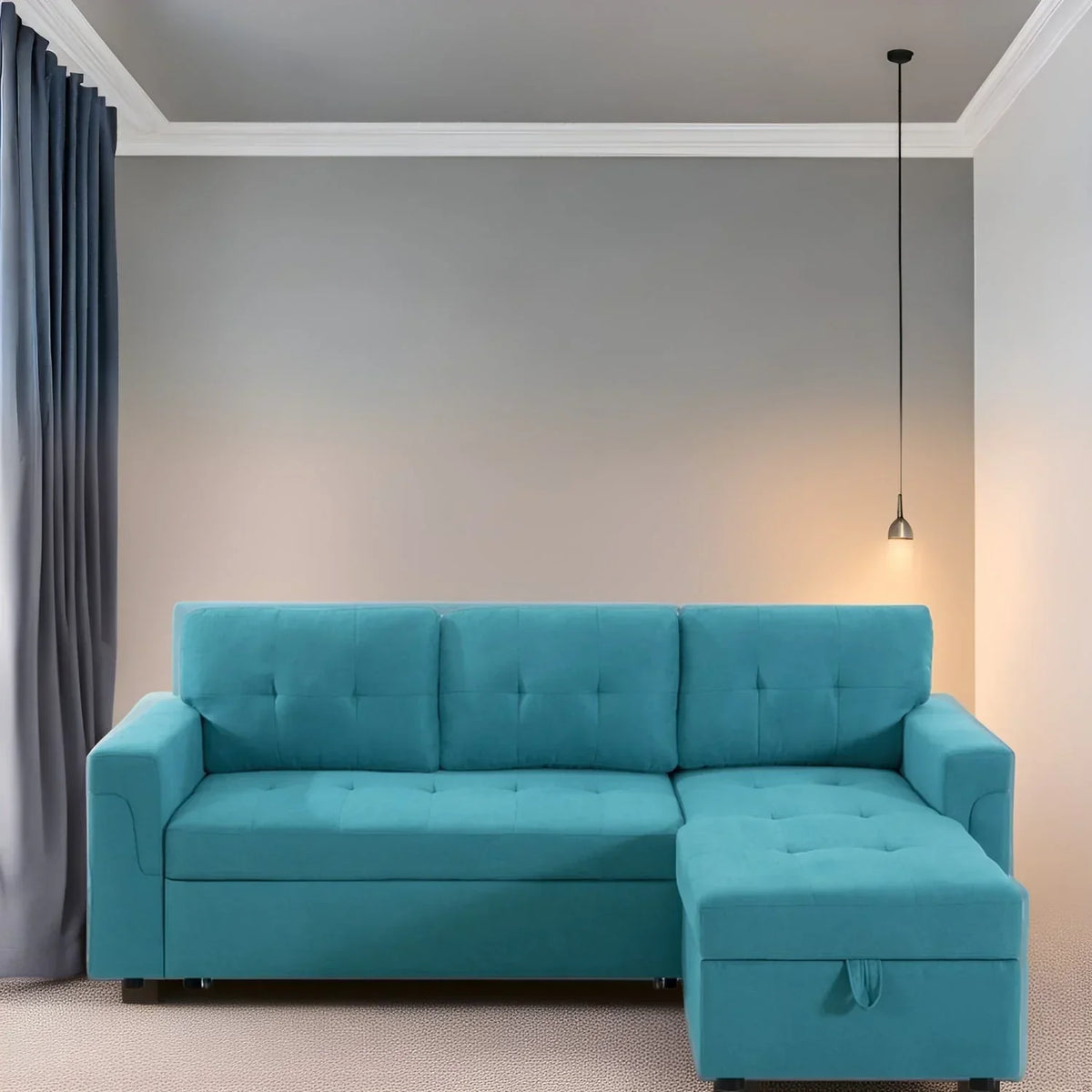 Umbaubares, beidseitig montierbares Ecksofa mit ausziehbarem Schlafbett, verstecktem Stauraum in der Recamiere und robusten Beinen