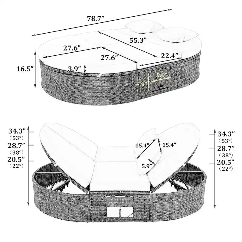 Lit de soleil d’extérieur pour patio, banquette-lit 2 places avec coussins et oreillers