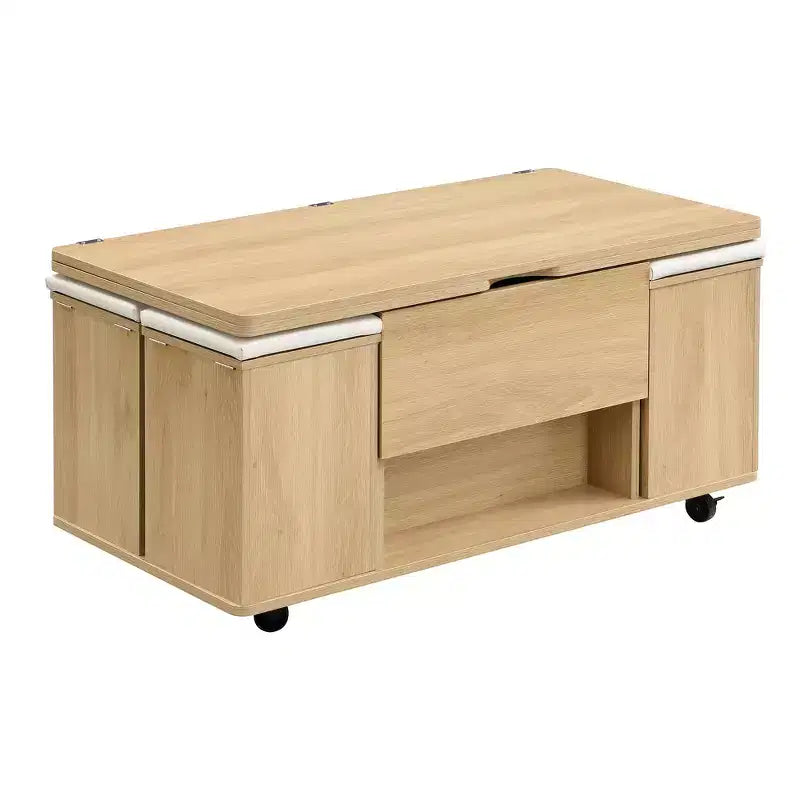 Table basse moderne multifonctionnelle à plateau relevable avec rangement caché, 4 tabourets et roulettes, idéale pour les espaces de vie modernes