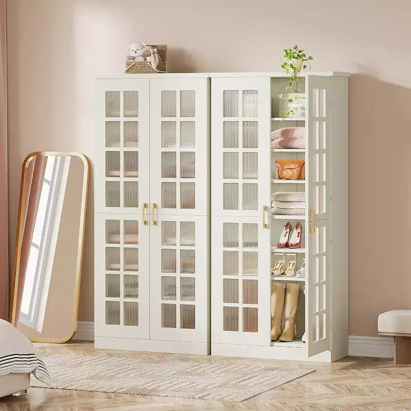Meuble à chaussures haut Lantine avec portes, meuble de rangement à chaussures à 8 niveaux avec étagères réglables, meuble à chaussures moderne pour entrée, placard et salon, blanc