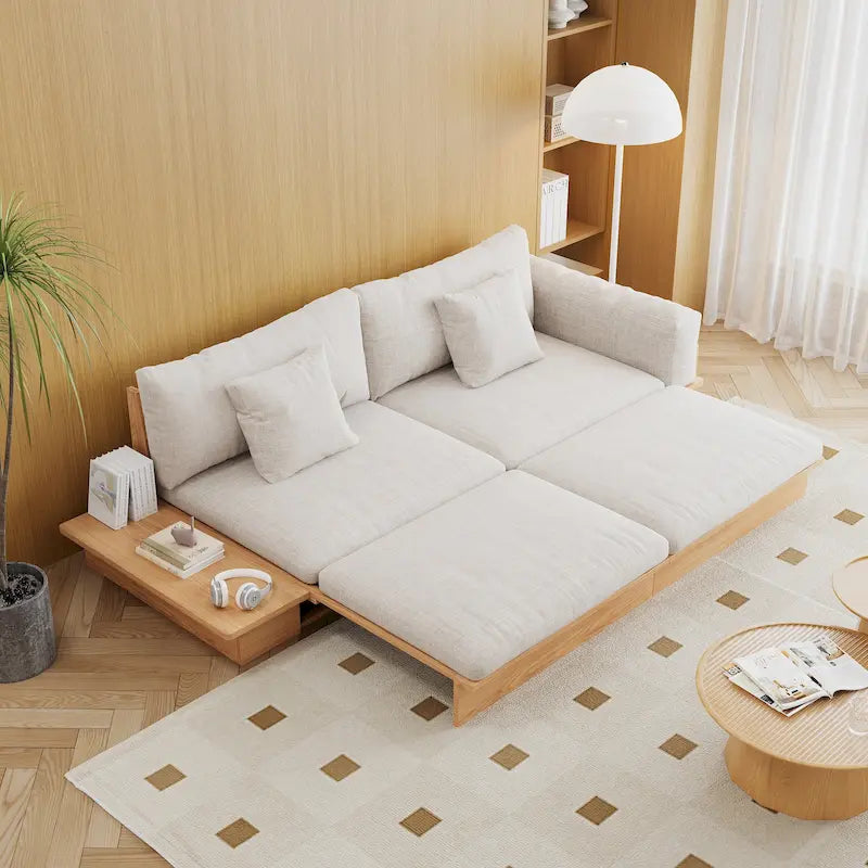 Nowoczesna sofa JASIWAY z litego drewna, tapicerowana bawełnianą tkaniną lnianą