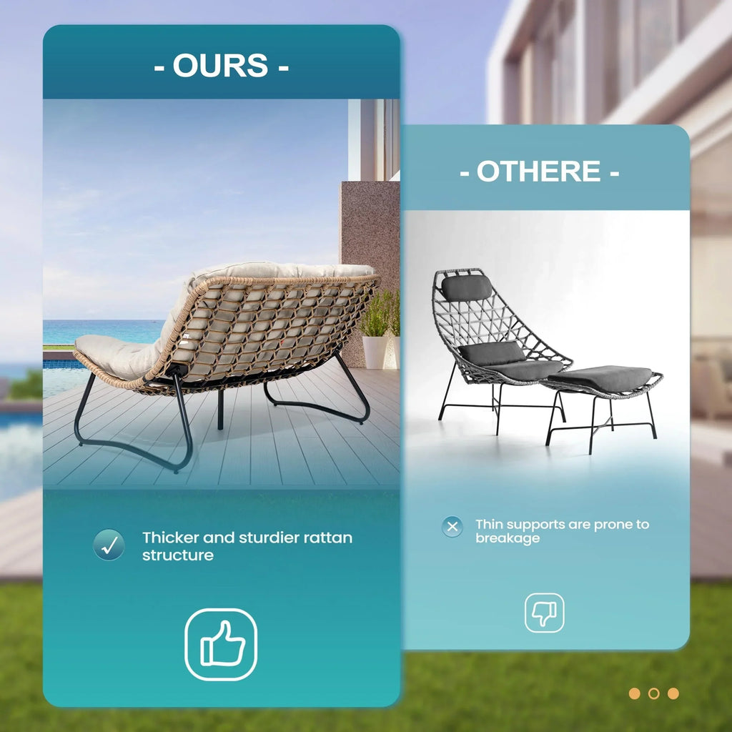 Doppel-Papasan-Sofa mit Sitzkissen, wetterfestes PE-Rattan und Metallgestell für Innen- und Außenbereich