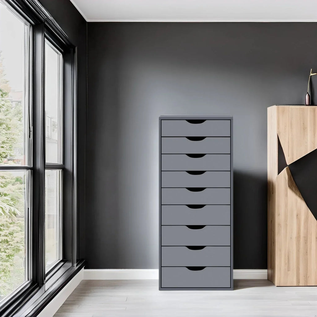 Smalle houten kast met 9 lades, soepel lopende lades en opbergplank bovenop