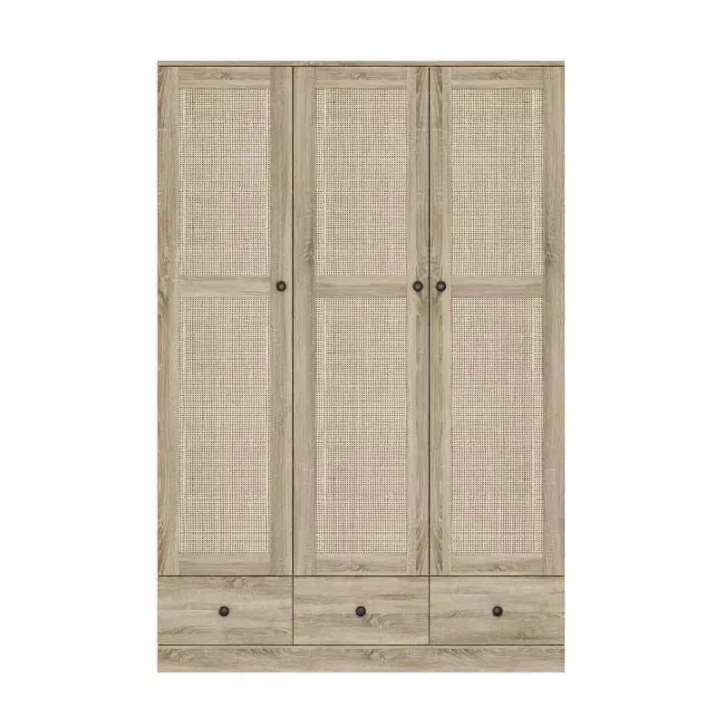 Armoire en rotin Famapy avec 3 tiroirs, placard à 3 portes en rotin respirant, grande armoire de rangement de style rustique pour chambre