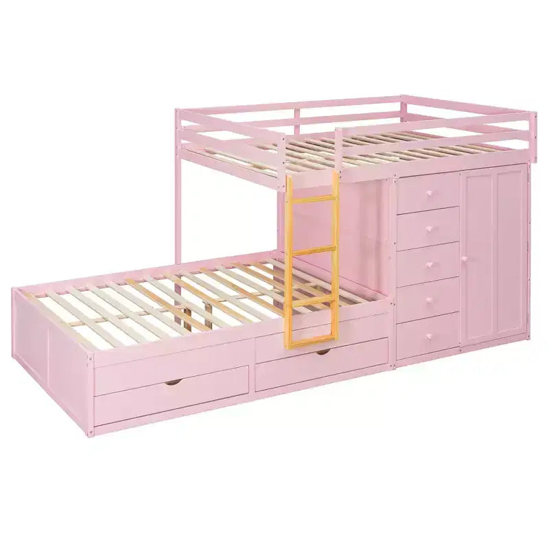 Stapelbed met twee tweepersoonsbedden, opbergkast en laden, houten stapelbed in tweepersoonsformaat met ruimtebesparend ontwerp en veiligheidsreling voor appartement en slaapkamer