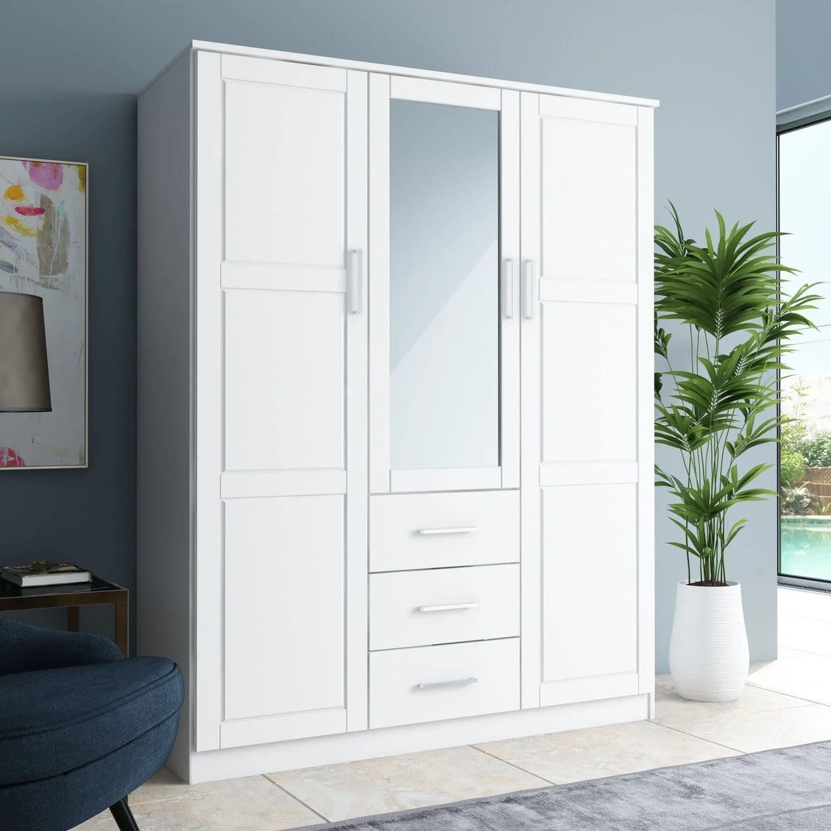 Palace Imports 100% Solid Wood Cosmo 3-Door Wardrobe Armoire with Solid Wood or Mirrored Doors