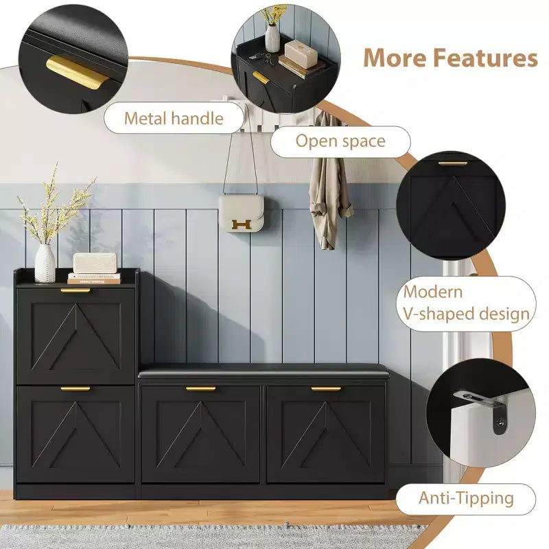Szafka na buty w stylu wiejskim z ławką, 4 uchylne szuflady, organizer do przechowywania butów w przedpokoju z wygodnym, tapicerowanym siedziskiem, wolnostojąca ławka z półką na buty