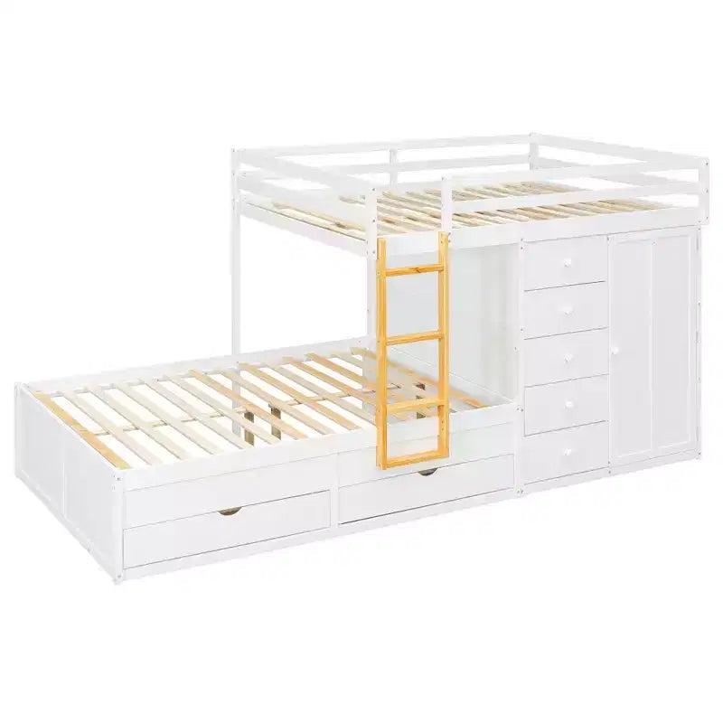 Stapelbed met twee tweepersoonsbedden, opbergkast en laden, houten stapelbed in tweepersoonsformaat met ruimtebesparend ontwerp en veiligheidsreling voor appartement en slaapkamer