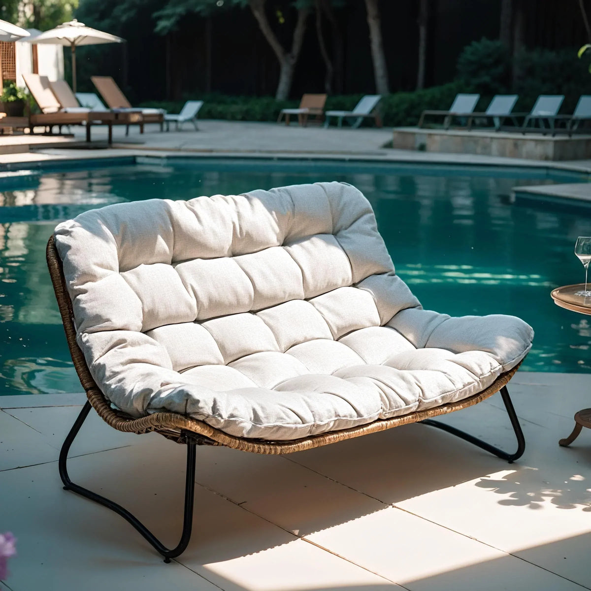 Doppel-Papasan-Sofa mit Sitzkissen, wetterfestes PE-Rattan und Metallgestell für Innen- und Außenbereich