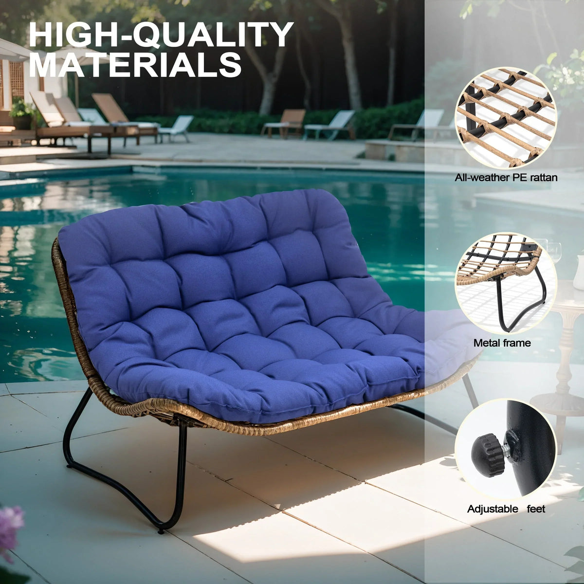 Doppel-Papasan-Sofa mit Sitzkissen, wetterfestes PE-Rattan und Metallgestell für Innen- und Außenbereich