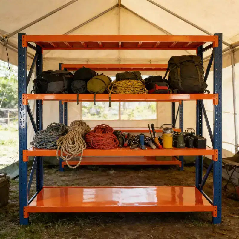 VIYET robuste Garagenregale, 4 Ebenen, verstellbare Metallregale mit 4400LBS Tragkraft, blau-orangefarbene Industrieregale für Gewerbe, Werkzeuge und Fitnessgeräte