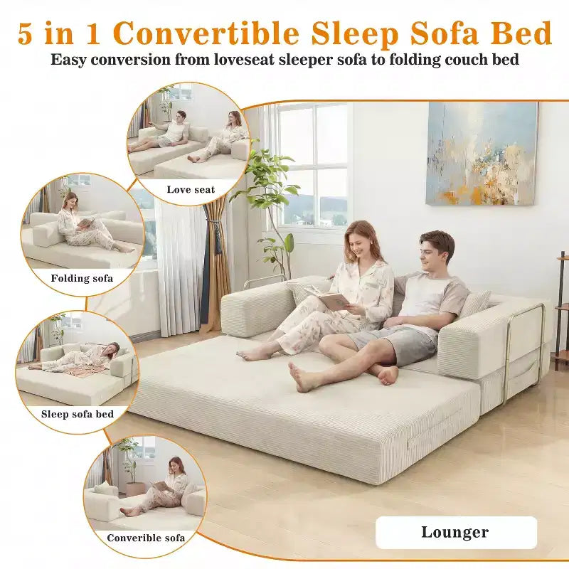 Dyonery 78 Klappsofabett, umwandelbares Cordsofa, Kingsize-Bodenschlafsofa, 4-in-1-DIY-Kombination, modulares Schlafsofa zum Ausklappen, bequemes Sofa.