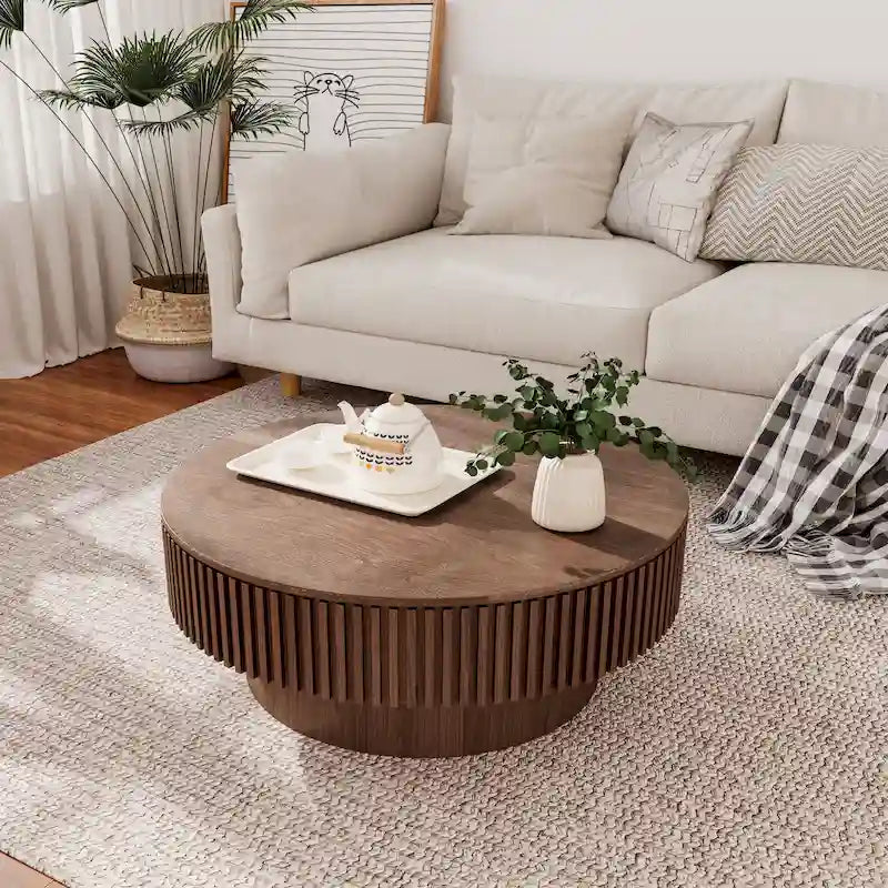 Table basse ronde moderne en bois massif plaqué, avec rangement