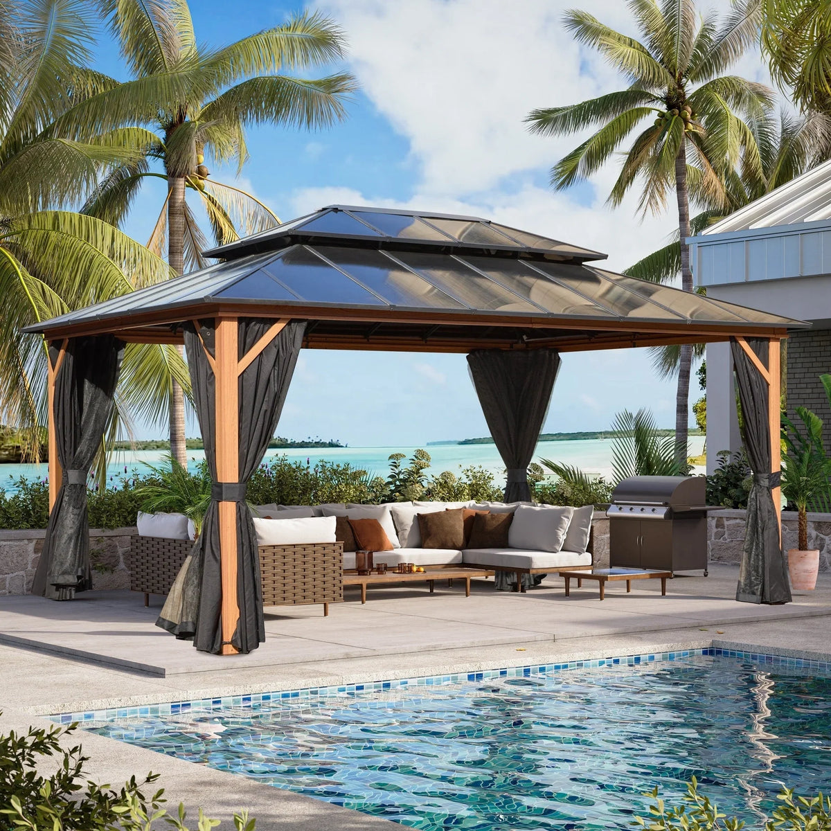 EROMMY Pavillon mit festem Dach, Pergola für den Außenbereich mit Doppeldach, Moskitonetz und Vorhängen, strapazierfähiges Sonnendach für Terrasse, Garten und Poolpartys