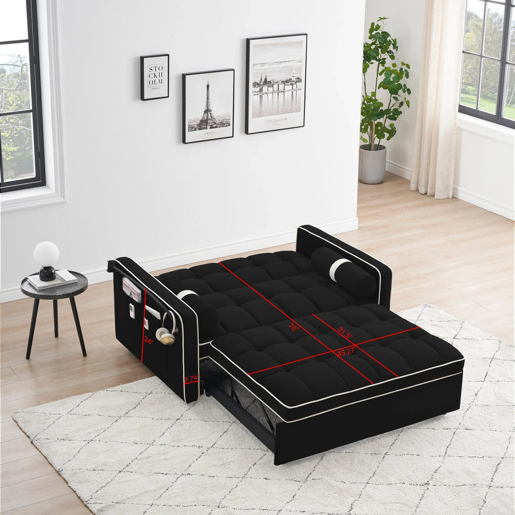 Canapé-lit convertible 2 places en velours de 55', avec lit escamotable, dossier inclinable réglable, poches latérales et support pour téléphone