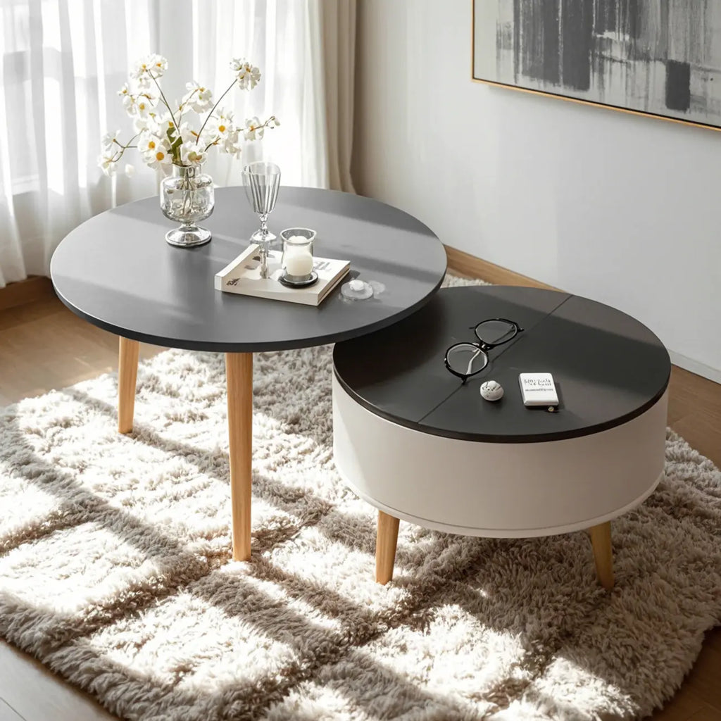 Moderner runder Couchtisch aus Holz in Schwarz und Weiß mit Stauraum