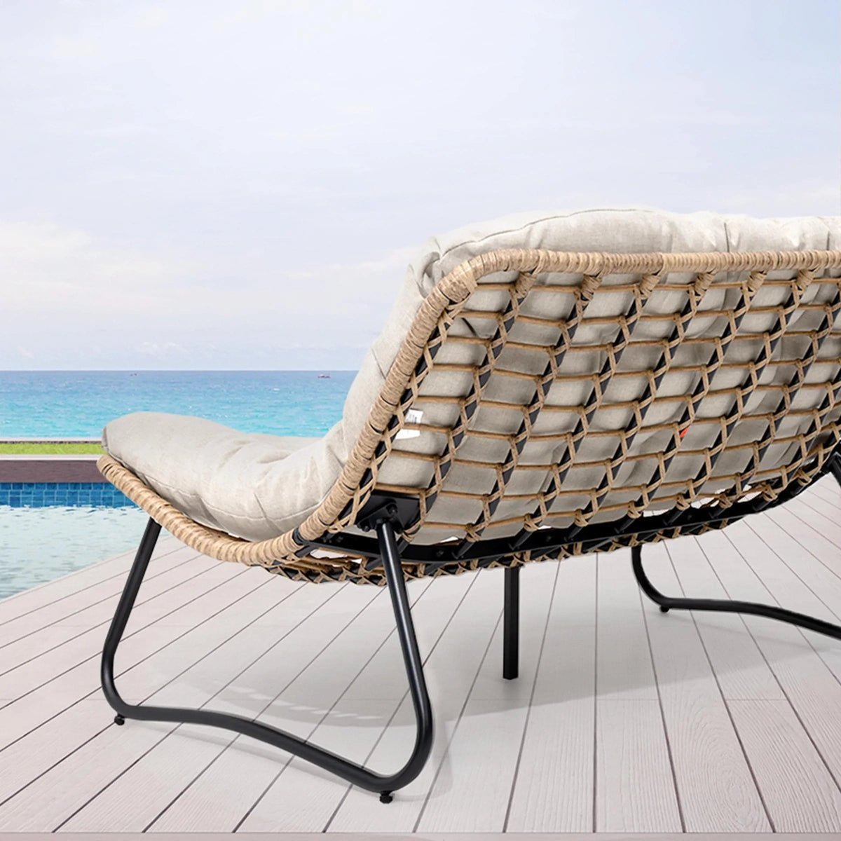 Doppel-Papasan-Sofa mit Sitzkissen, wetterfestes PE-Rattan und Metallgestell für Innen- und Außenbereich