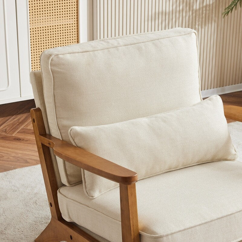 Gepolsterter Akzentstuhl aus Leinenmischgewebe mit Holzbeinen und einem Kissen, Beige