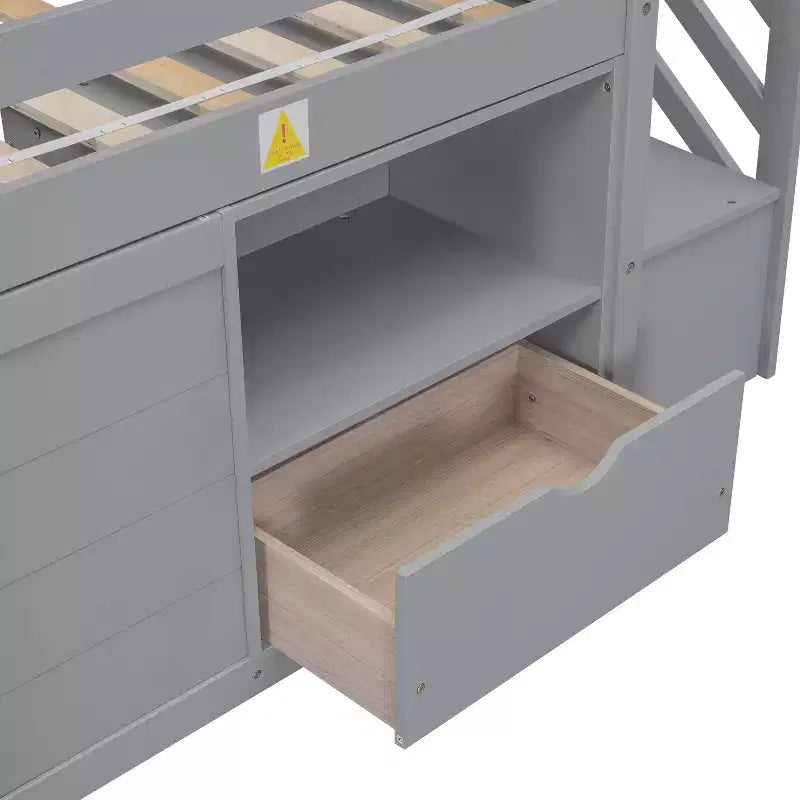 Łóżko typu low loft z litego drewna, rozmiar Twin, 94.6L x 42.3W, ze schodkami, szufladą i półką, nowoczesny i prosty design