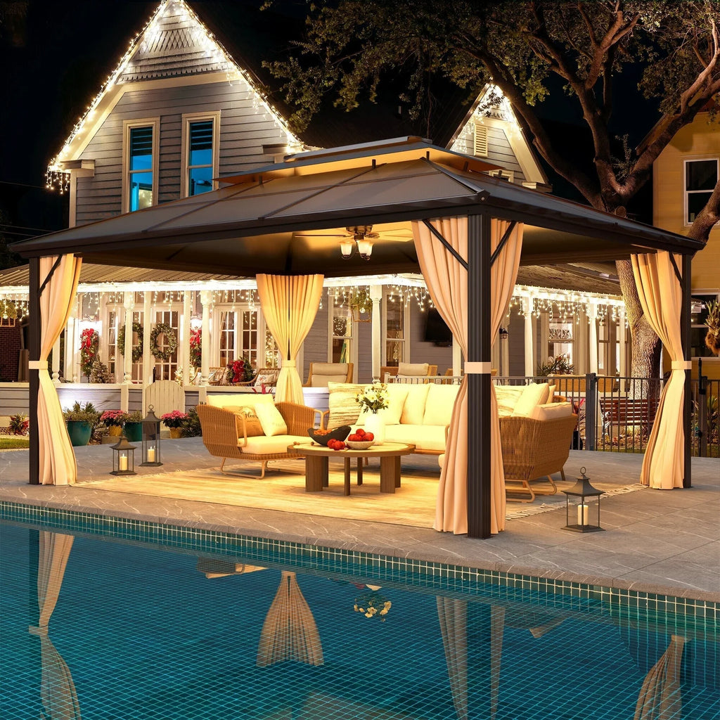 EROMMY Pavillon mit festem Dach, Pergola für den Außenbereich mit Doppeldach, Moskitonetz und Vorhängen, strapazierfähiges Sonnendach für Terrasse, Garten und Poolpartys